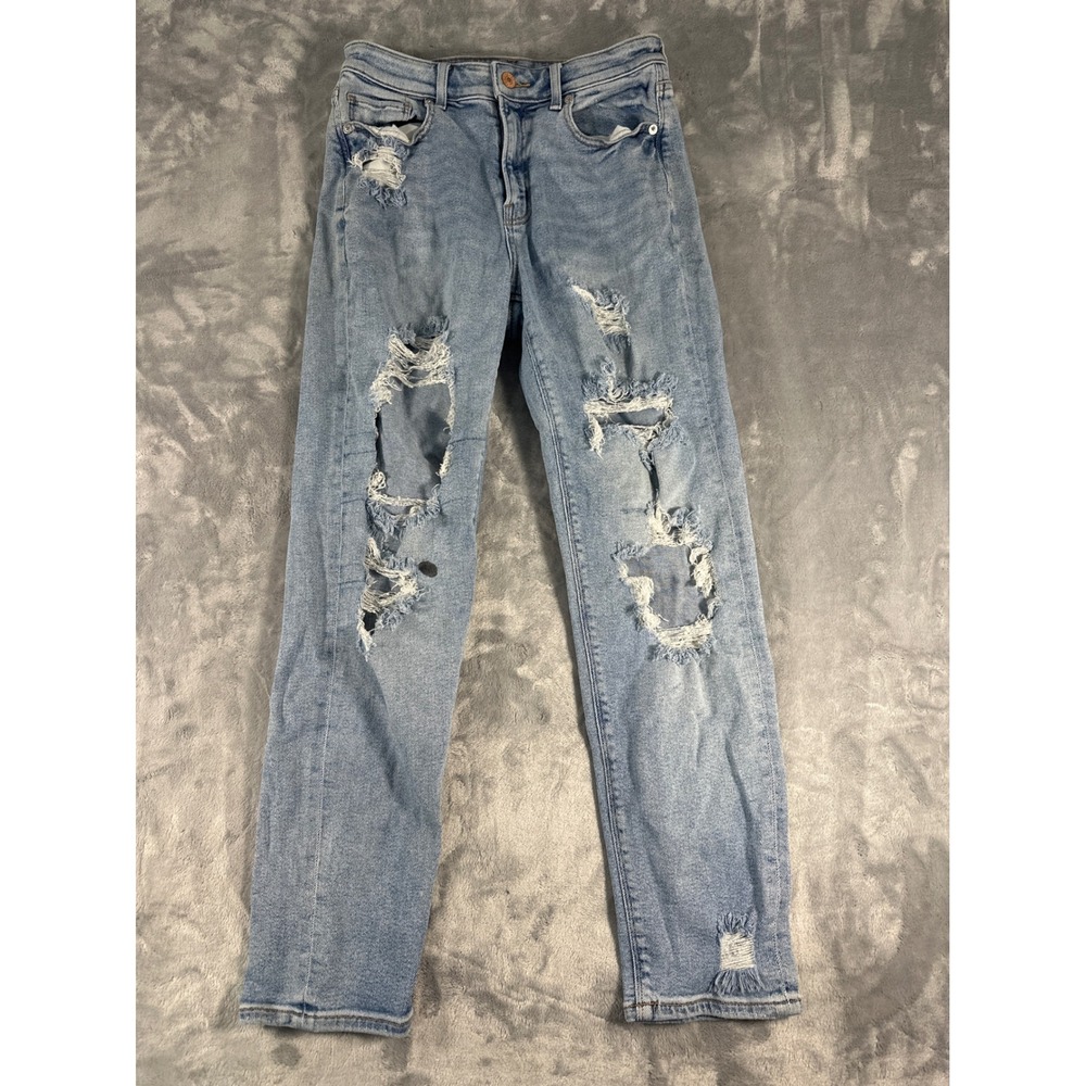 American Eagle Mom Jeans Size 4 Regular Light Wash Heavily Distressed Stretch